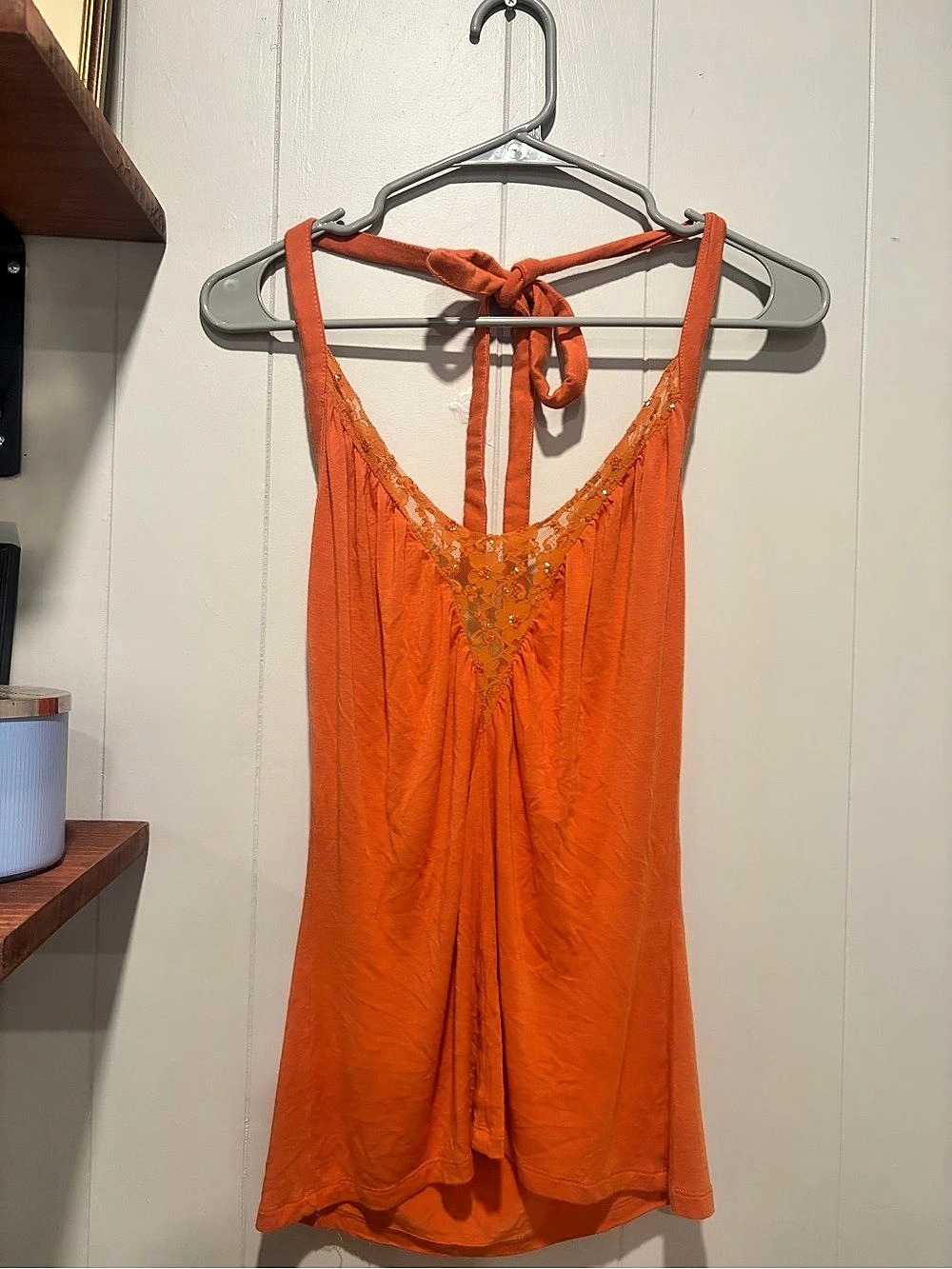 Orange Lace Neck Halter Top Like New